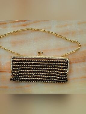 Gold and Brown Beaded Evening Clutch with Chain